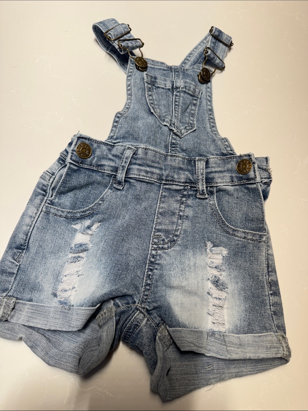 Little Bipsy Light Blue Distressed Denim Short Overalls